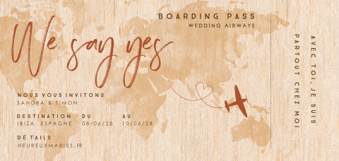Faire-part mariage sur bois, billet d'avion