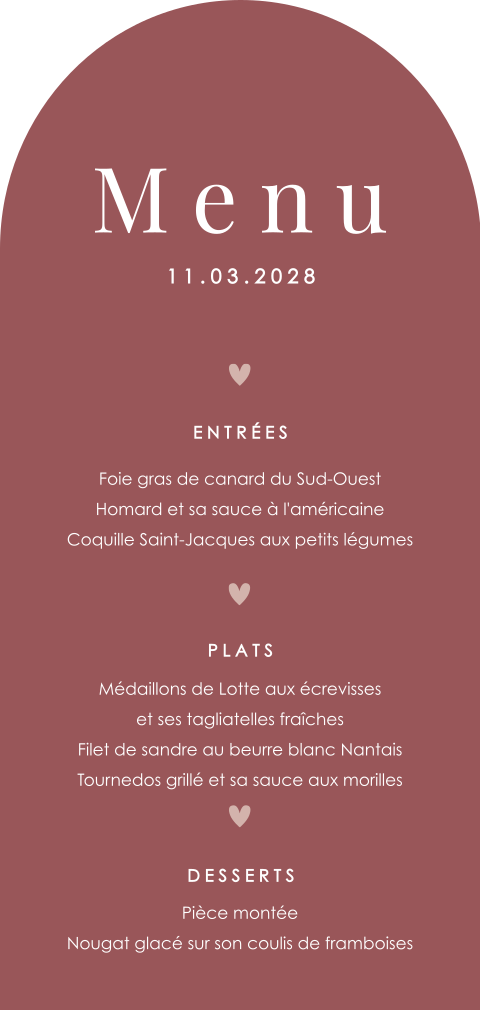 Menu élégant avec un fond rose, en forme de demi-arc