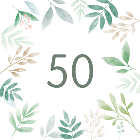 Carte d'invitation minimaliste pour les 50 ans avec des feuillages