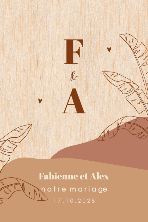 Faire-part de mariage sur bois véritable avec feuilles