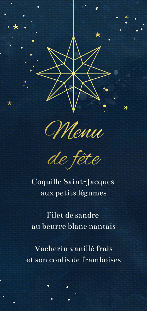 Menu fond bleu nuit avec des étoiles dorées