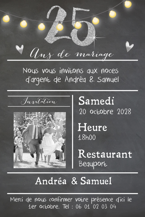 Invitation vintage noces d'argent avec cœurs et guirlande