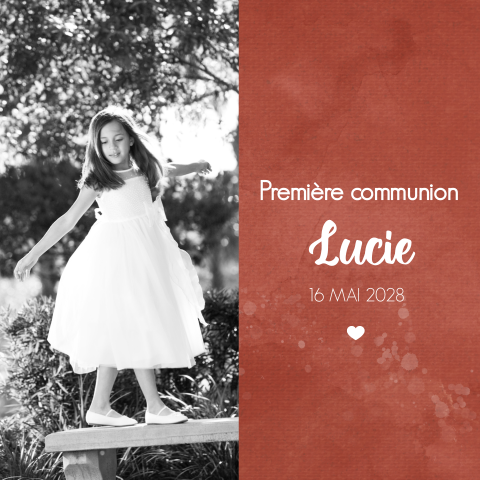 Faire-part de communion avec photo sur fond d'aquarelle rouille