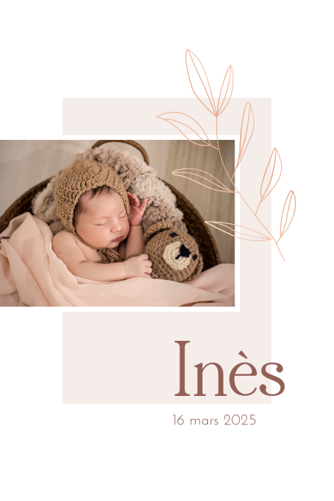 Faire-part de naissance avec photo, fond rosé et feuillage en or rosé