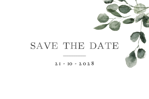 Save the date minimaliste avec une branche d'eucalyptus