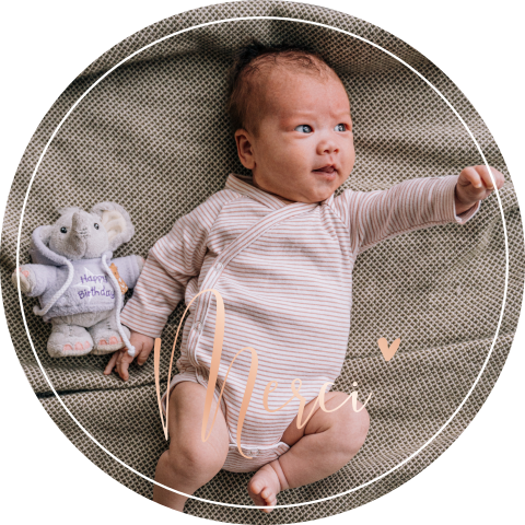 Carte de remerciement naissance en forme ronde avec photo et or rosé