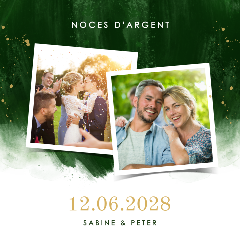 Invitation anniversaire mariage avec photo et aquarelle verte