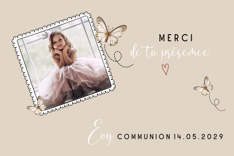 Carte remerciement avec photo, papillons, fond beige
