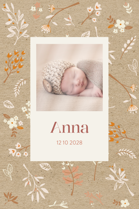 Faire-part de naissance avec photo, fleurs et impression kraft