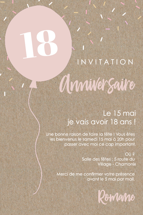 Carte d'invitation pour le 18e anniversaire en kraft