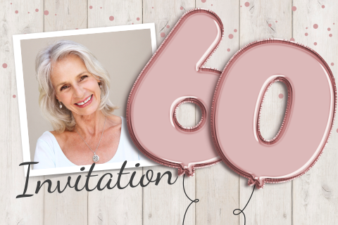 Carte d'invitation pour les 60 ans avec des ballons et une photo