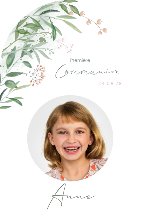 Faire-part de communion arqué avec photo et branches vertes