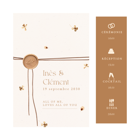 Faire-part de mariage avec fleurs séchées et sceau optionnel