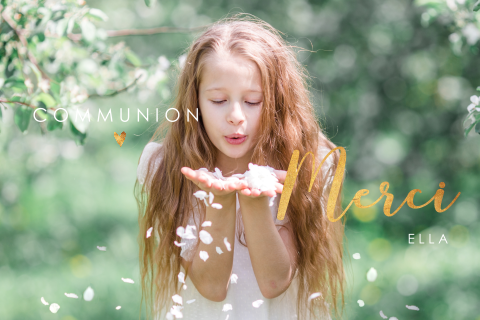 Carte remerciement communion avec photo, texte, et coeurs