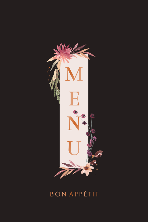 Carte de menu avec des fleurs roses sur un fond noir