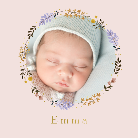 Faire-part de naissance avec photo et couronne de fleurs