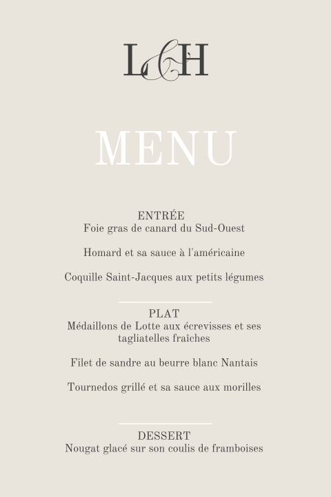 Carte de menu classique avec initiales sur fond beige