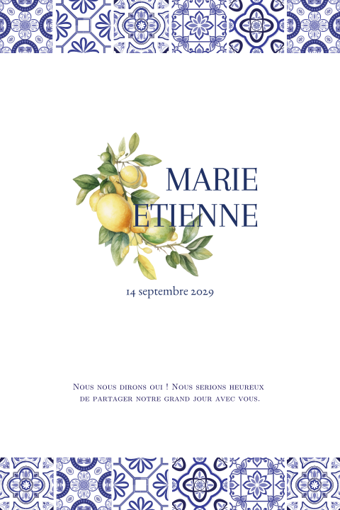 Faire-part de mariage avec des carreaux bleus et citrons