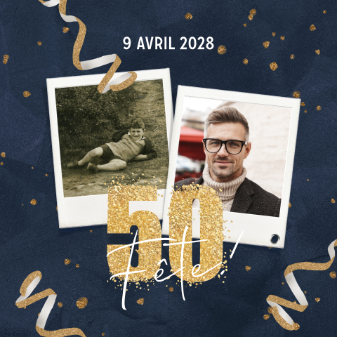 Carte d'invitation avec photos et confettis sur fond bleu foncé