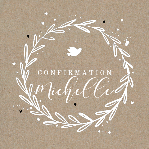 Faire-part de confirmation sur papier kraft avec couronne et colombe