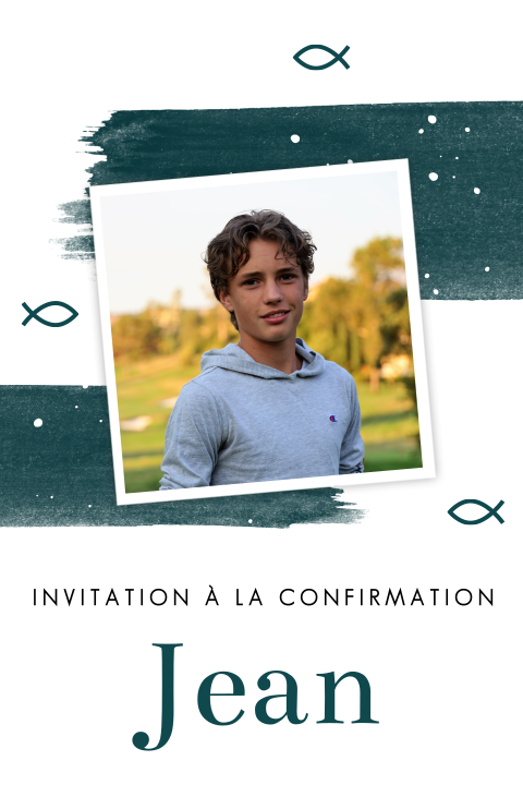Faire-part de confirmation avec photo, aquarelle et ichthus