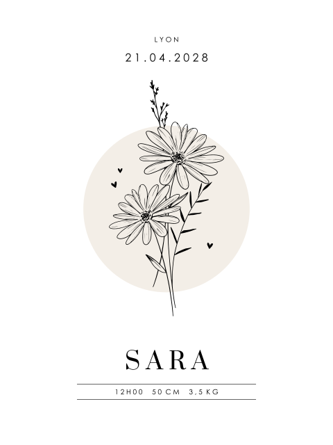 Affiche pour la chambre de bébé avec fleurs de naissance