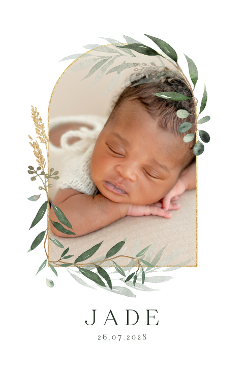 Faire-part de naissance avec photo en arche et feuilles eucalyptus