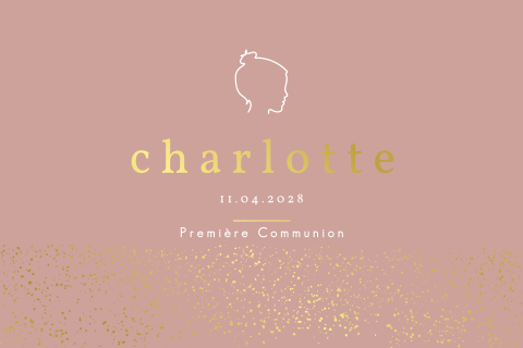 Faire-part de communion avec silhouette et dorures sur fond vieux rose