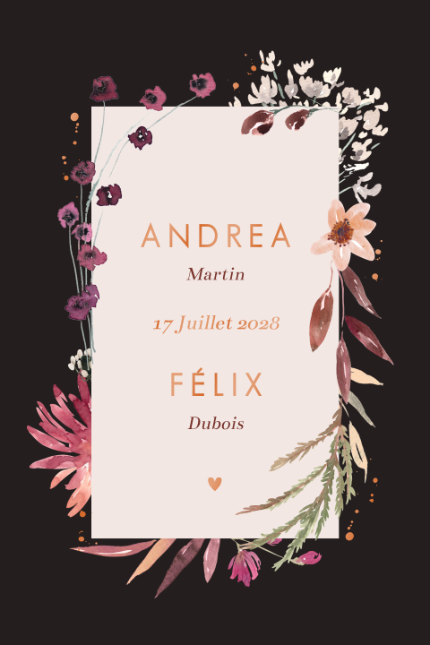 Faire-part avec fleurs roses sur fond noir