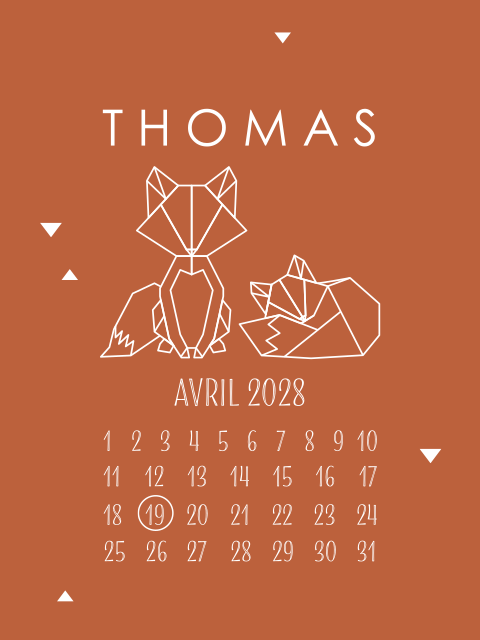 Affiche pour bébé avec des renards géométriques et calendrier