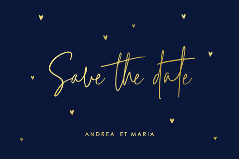 Save the date avec un fond bleu acier et des détails dorés