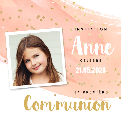 Faire-part de communion rose avec photo et confettis dorés