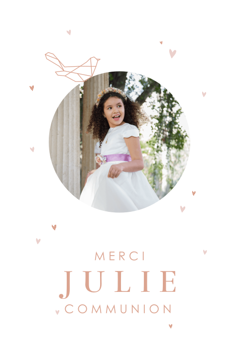 Carte remerciement communion avec coeurs roses et photo