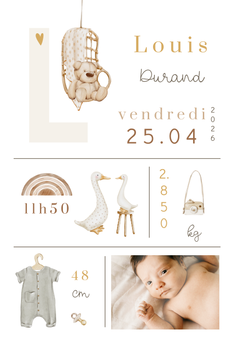 Faire-part de naissance bohème avec photo et oies