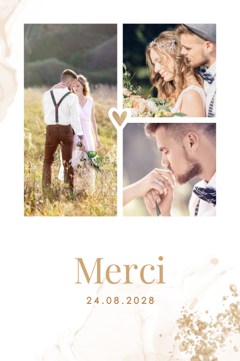 Carte de remerciement avec des détails rosés et dorés et des photos