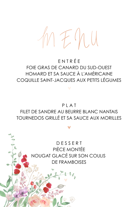 Carte de menu avec des fleurs estivales et des dorures rosées
