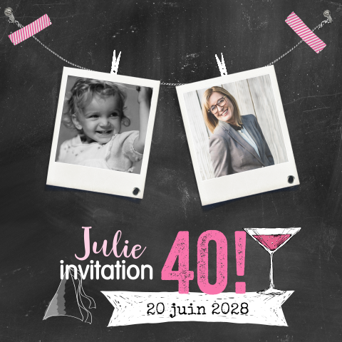 Carte d'invitation avec des accents roses sur fond de tableau noir