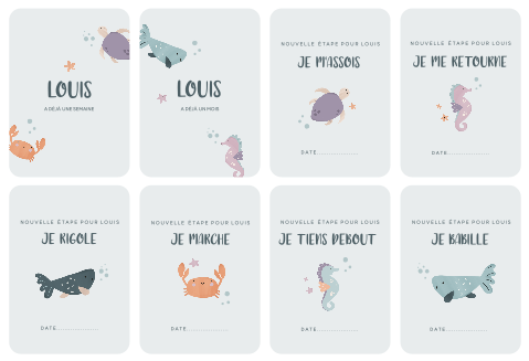 Cartes étapes bébé personnalisées avec animaux marins
