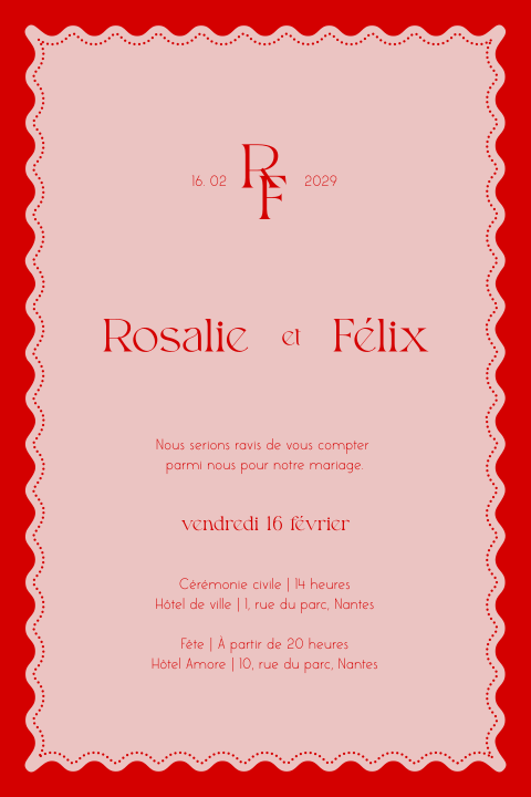 Faire-part de mariage tons rouge et rose