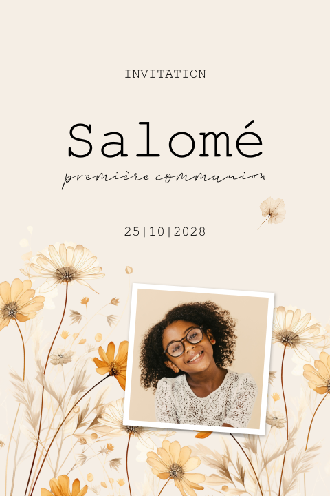 Faire-part de communion avec typographie et fleurs au look vintage