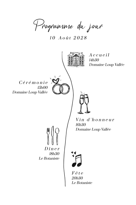 Feuillet avec le programme du jour et des dessins