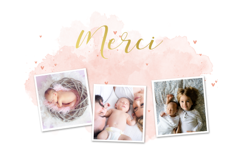 Carte de remerciement avec aquarelle rose, dorure et photos