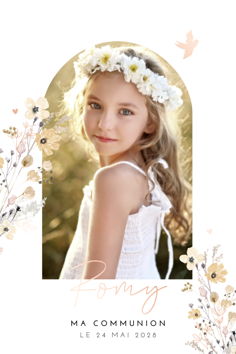 Faire-part de communion avec photo en arche et fleurs à l'aquarelle