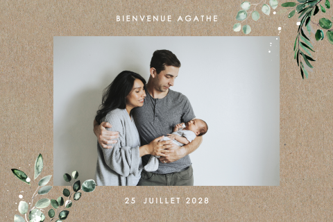 Faire-part de naissance avec photo et eucalyptus sur impression kraft