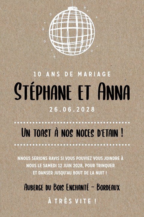 Invitation anniversaire mariage avec lampe disco sur papier kraft