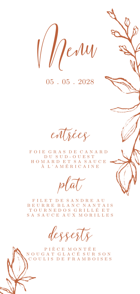 Carte de menu avec des branches brunes et une belle typographie