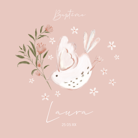 Doux faire-part de baptême avec des fleurs et une colombe illustrée