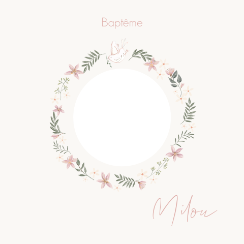 Faire-part de baptême avec photo dans une couronne de fleurs