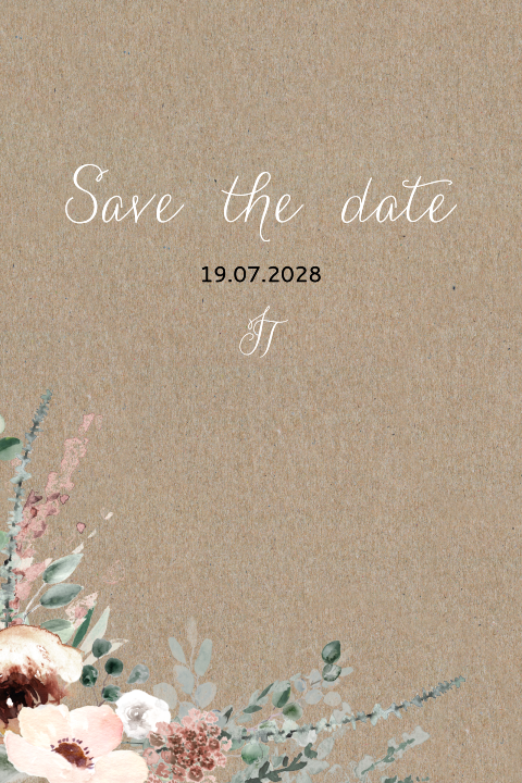 Save the date avec les initiales des mariés et un bouquet de fleurs