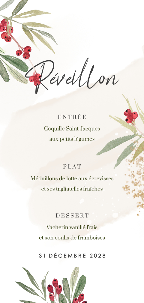 Menu festif avec feuillage et touche d'aquarelle